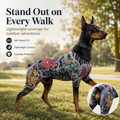 Ortekor Tattoo Print Dog & Cat Bodysuit for Walks & Photos - Soft Stretch Pet Onesie Helps Contain Loose Hair