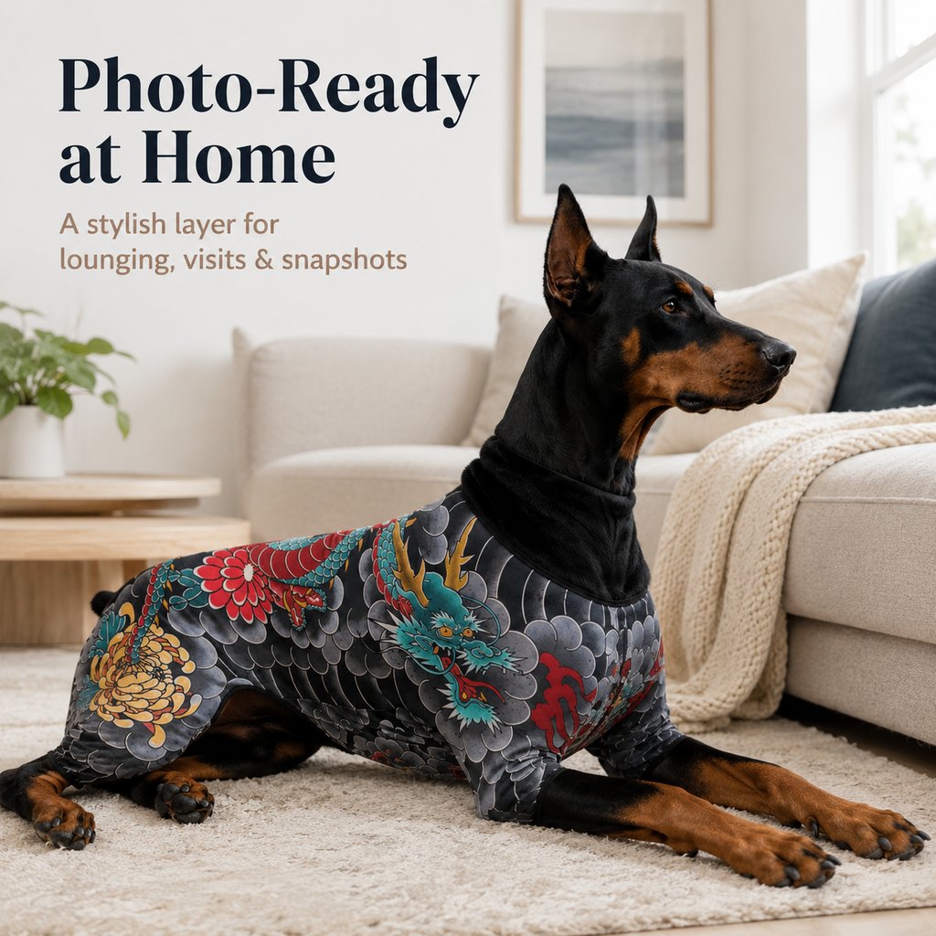 Ortekor Tattoo Print Dog & Cat Bodysuit for Walks & Photos - Soft Stretch Pet Onesie Helps Contain Loose Hair