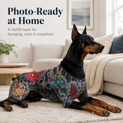 Ortekor Tattoo Print Dog & Cat Bodysuit for Walks & Photos - Soft Stretch Pet Onesie Helps Contain Loose Hair