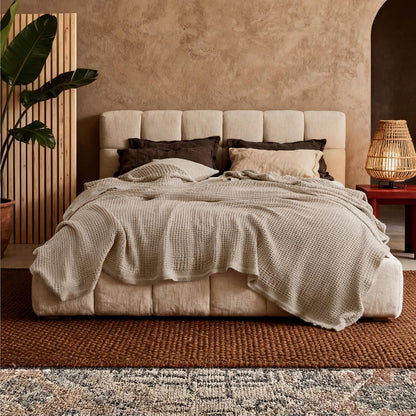 Cotton Throw Blanket for Bed, Waffle Weave Queen Size Blanket for All Seasons, Soft Breathable Cotton Blanket for Couch
