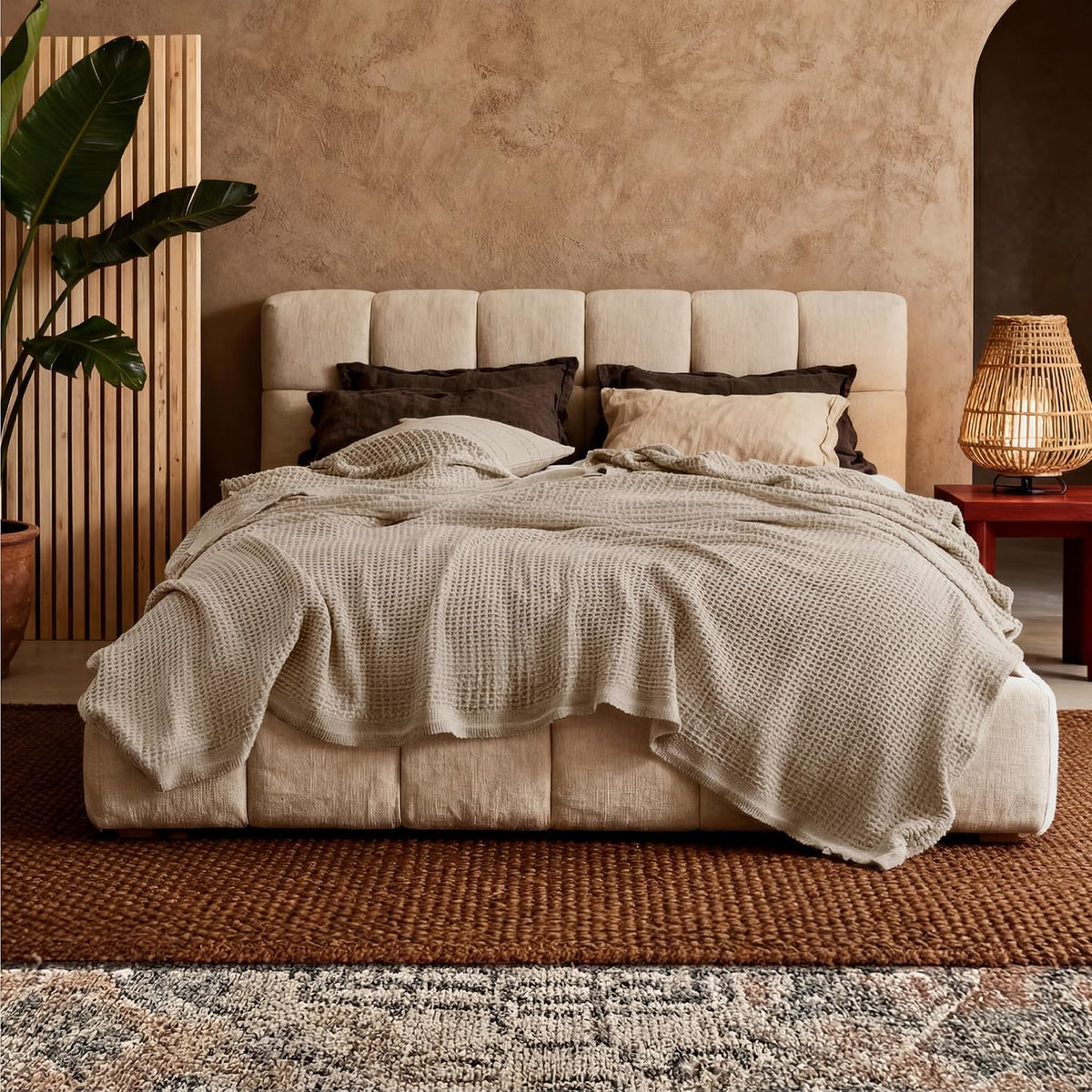 Pure Cotton Thermal Blanket – Queen 90×90 in – Textured Weave Layer for All Seasons – Lightweight & Breathable Throw for Bed or Sofa