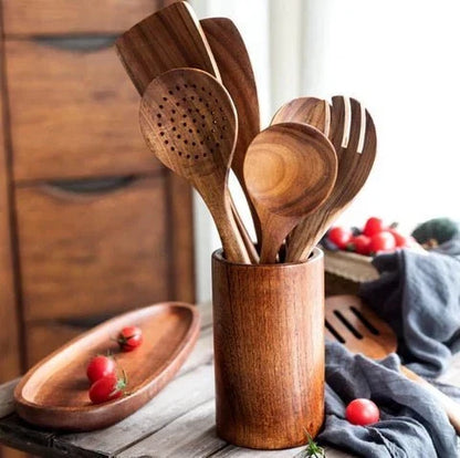 Countertop Utensil Crock Organizer Natural Teak Wood Kitchen Tool Caddy Holder for Cooking Spoons Spatulas Whisks
