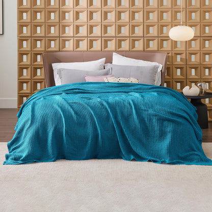 Pure Cotton Thermal Blanket – Queen 90×90 in – Textured Weave Layer for All Seasons – Lightweight & Breathable Throw for Bed or Sofa