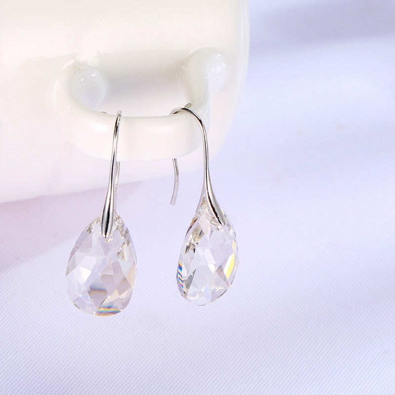 Sterling Silver Plated Teardrop Dangle Earrings with Shimmering Crystal Stone for Women – Versatile Day to Night Jewelry