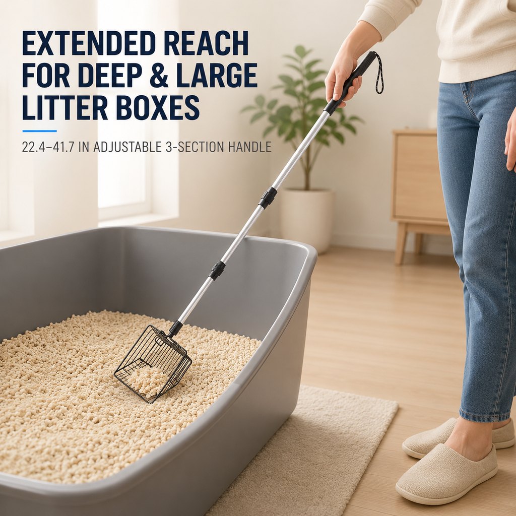 Ortekor Telescoping Cat Litter Scoop for Deep Litter Boxes – Long Handle Sifter for Less Bending
