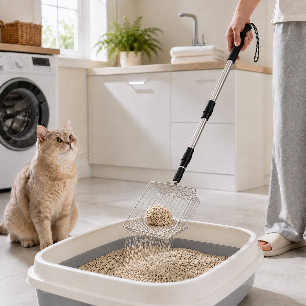 Ortekor Telescoping Cat Litter Scoop for Deep Litter Boxes – Long Handle Sifter for Less Bending