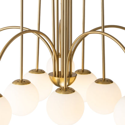 Ten-Globe Pendant Light with Frosted Glass Spheres & Curved Arms for Dining Rooms – Adjustable Height Fixture in Dual-Tone Metallic Finish,