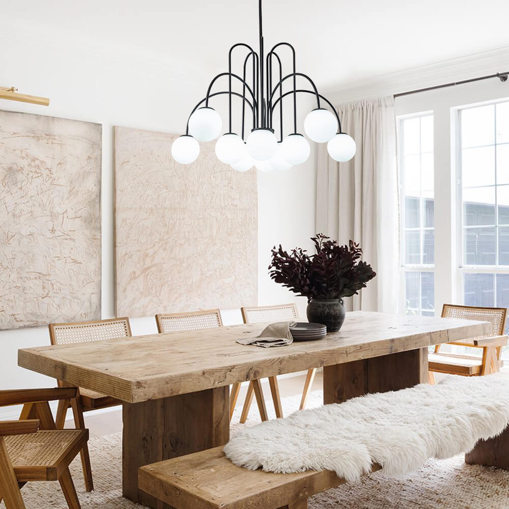 Ten-Globe Pendant Light with Frosted Glass Spheres & Curved Arms for Dining Rooms – Adjustable Height Fixture in Dual-Tone Metallic Finish,