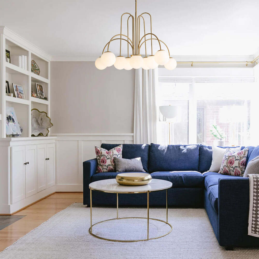 Ten-Globe Pendant Light with Frosted Glass Spheres & Curved Arms for Dining Rooms – Adjustable Height Fixture in Dual-Tone Metallic Finish,