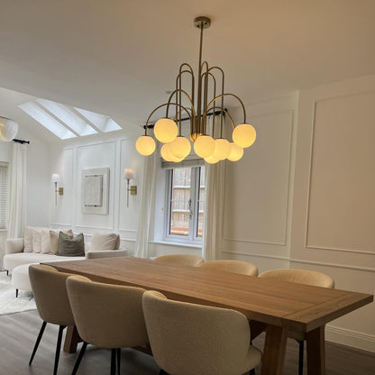 Ten-Globe Pendant Light with Frosted Glass Spheres & Curved Arms for Dining Rooms – Adjustable Height Fixture in Dual-Tone Metallic Finish,