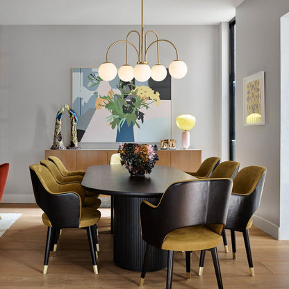 Ten-Globe Pendant Light with Frosted Glass Spheres & Curved Arms for Dining Rooms – Adjustable Height Fixture in Dual-Tone Metallic Finish,