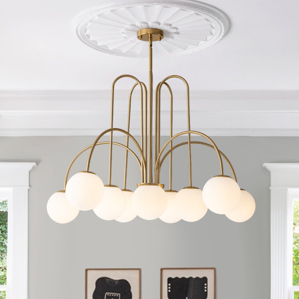 Ten-Globe Pendant Light with Frosted Glass Spheres & Curved Arms for Dining Rooms – Adjustable Height Fixture in Dual-Tone Metallic Finish,