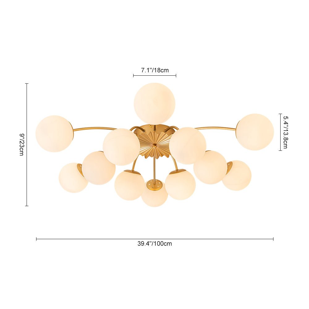 12-Light Semi-Flush Ceiling Fixture Brass Finish Opal Globe Shades 39-Inch Width Dimmable Chandelier for Dining Room Living Room Entryway Mo