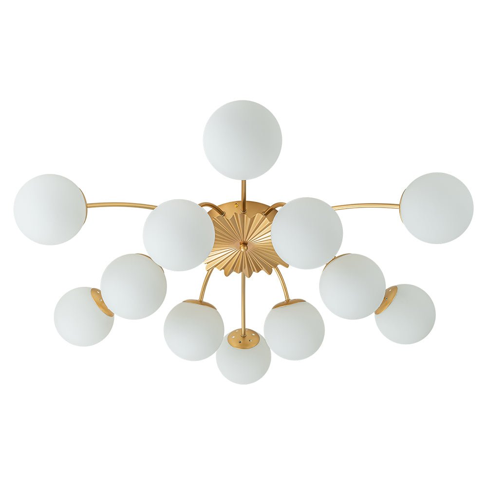 12-Light Semi-Flush Ceiling Fixture Brass Finish Opal Globe Shades 39-Inch Width Dimmable Chandelier for Dining Room Living Room Entryway Mo