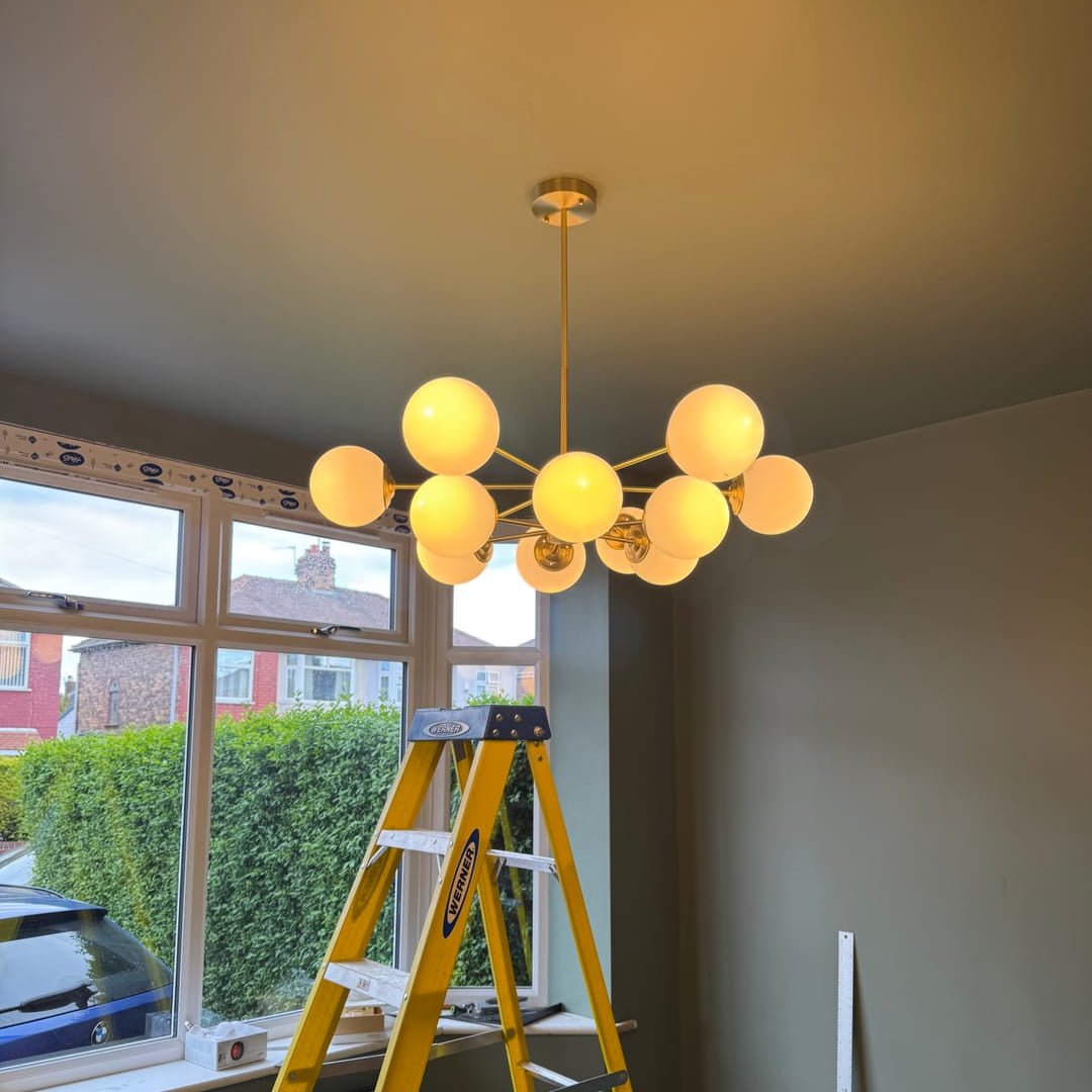 Dual-Tier Chandelier with 12 Opal Glass Globes in Brass Finish – 35 in Wide Statement Fixture for Dining Rooms, Living Spaces & Entryways