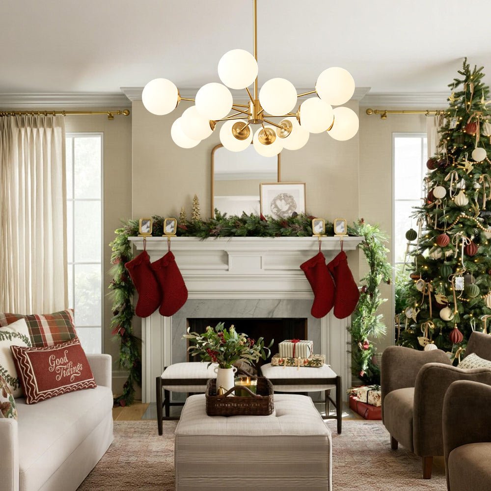 Dual-Tier Chandelier with 12 Opal Glass Globes in Brass Finish – 35 in Wide Statement Fixture for Dining Rooms, Living Spaces & Entryways