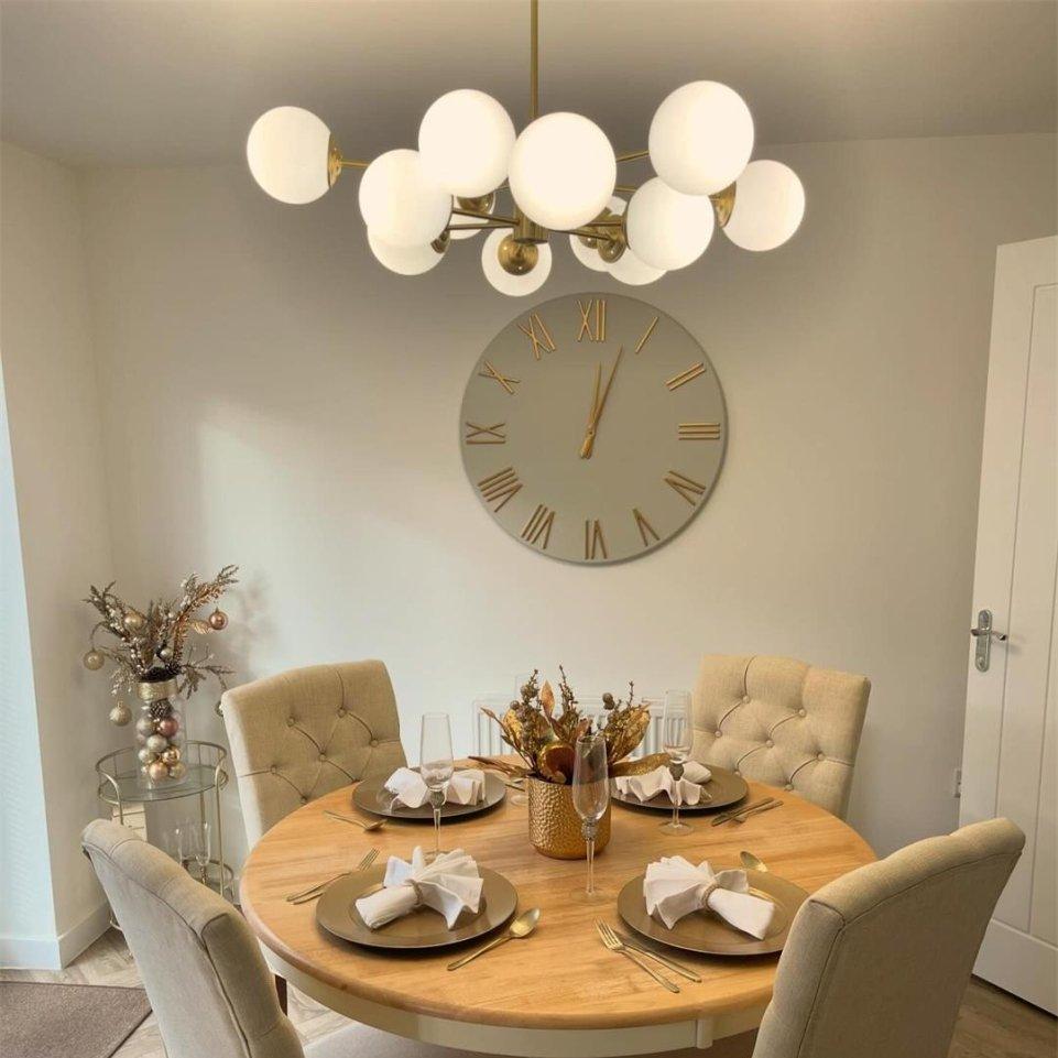 Dual-Tier Chandelier with 12 Opal Glass Globes in Brass Finish – 35 in Wide Statement Fixture for Dining Rooms, Living Spaces & Entryways