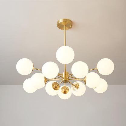Dual-Tier Chandelier with 12 Opal Glass Globes in Brass Finish – 35 in Wide Statement Fixture for Dining Rooms, Living Spaces & Entryways