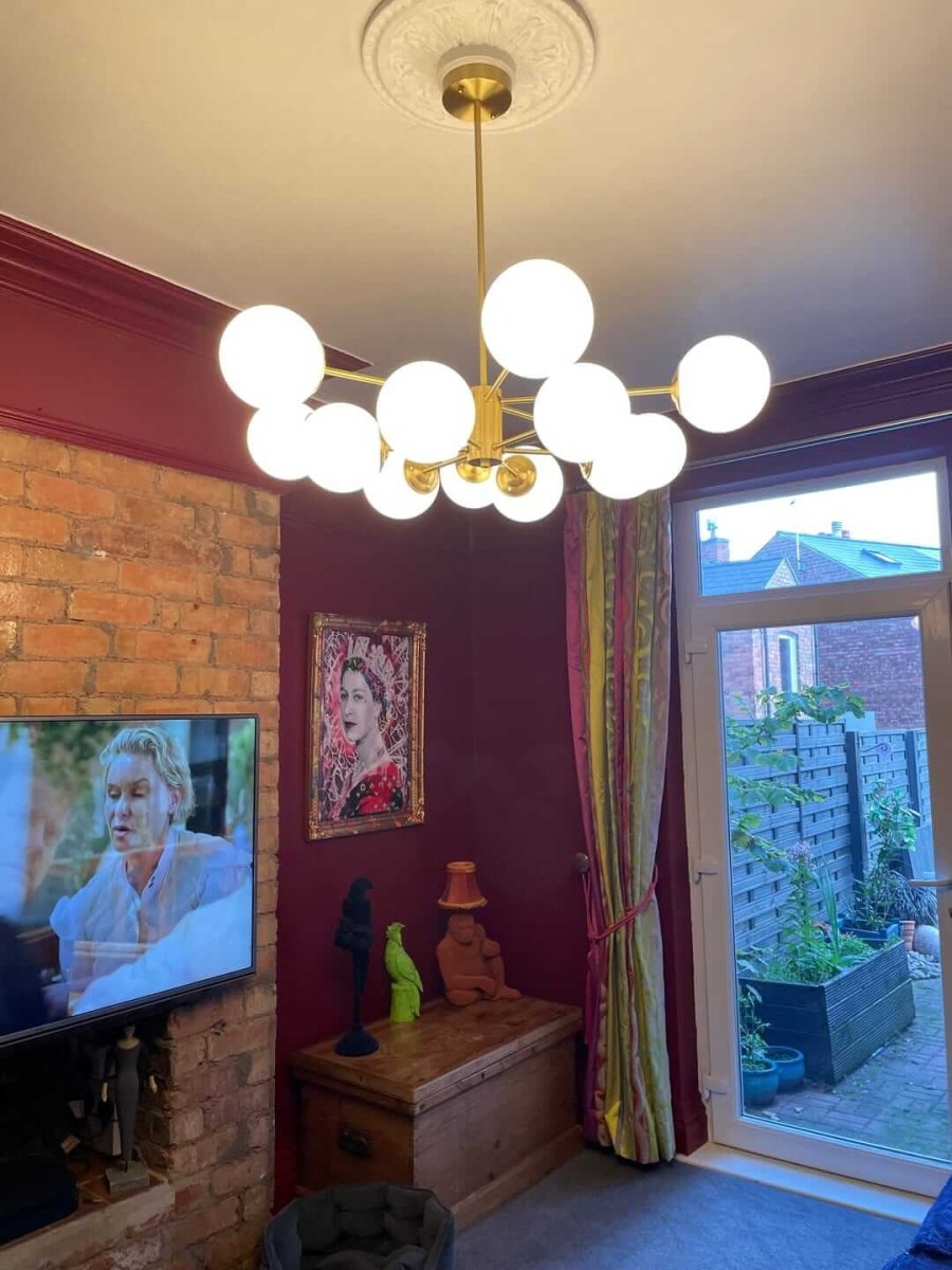 Dual-Tier Chandelier with 12 Opal Glass Globes in Brass Finish – 35 in Wide Statement Fixture for Dining Rooms, Living Spaces & Entryways