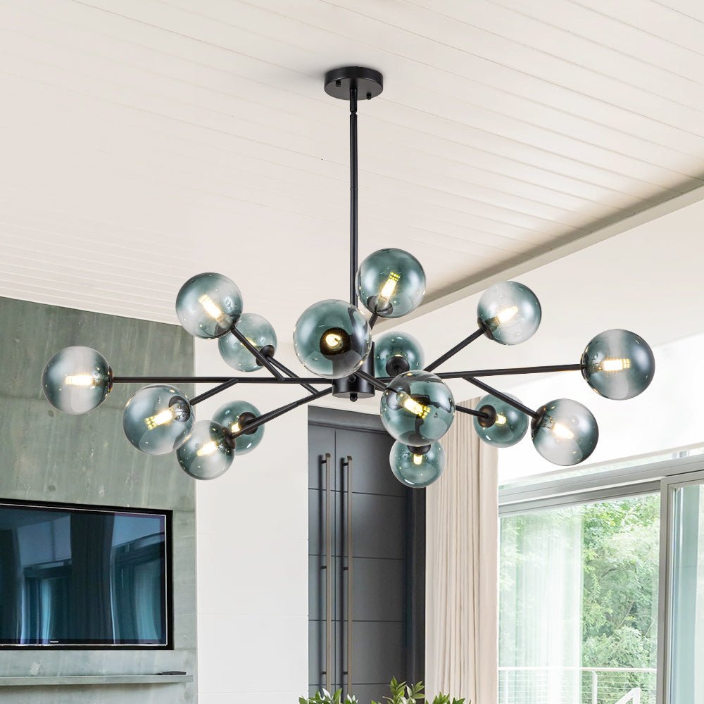 Dimmable Glass Globe Pendant Light 44 in Wide 15-Bulb Branch Fixture Black Gold Frame Azure Blue Orbs for Dining Room Great Room Kitchen Isl