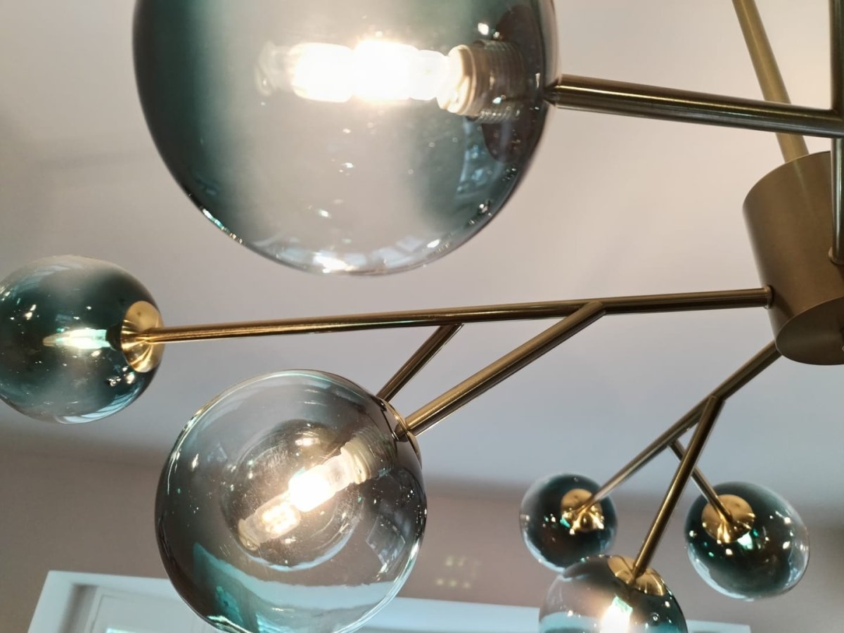Dimmable Glass Globe Pendant Light 44 in Wide 15-Bulb Branch Fixture Black Gold Frame Azure Blue Orbs for Dining Room Great Room Kitchen Isl