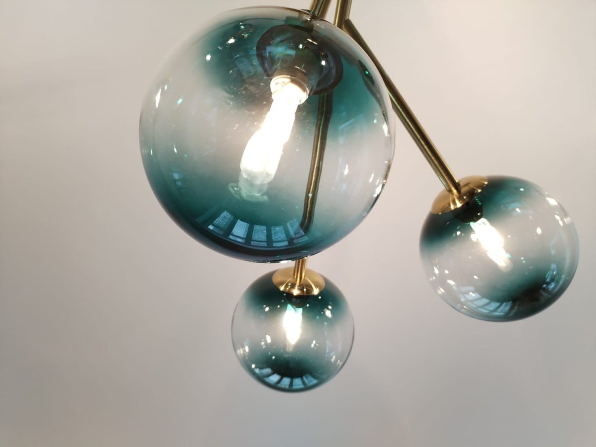 Dimmable Glass Globe Pendant Light 44 in Wide 15-Bulb Branch Fixture Black Gold Frame Azure Blue Orbs for Dining Room Great Room Kitchen Isl
