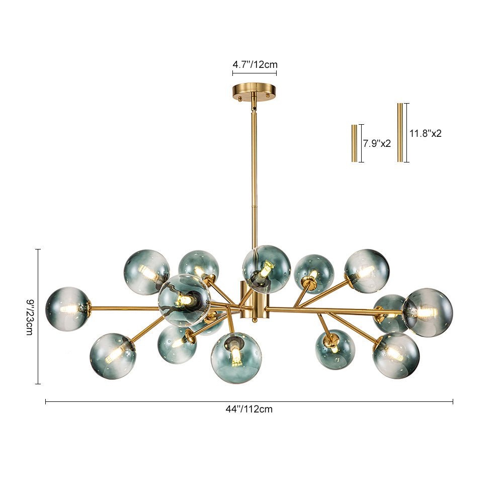Dimmable Glass Globe Pendant Light 44 in Wide 15-Bulb Branch Fixture Black Gold Frame Azure Blue Orbs for Dining Room Great Room Kitchen Isl