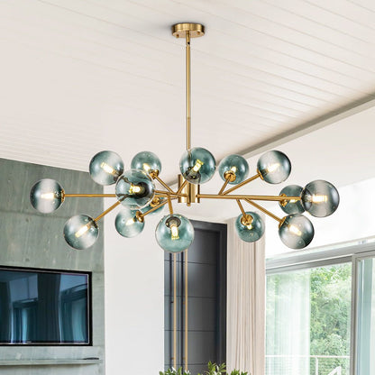 Dimmable Glass Globe Pendant Light 44 in Wide 15-Bulb Branch Fixture Black Gold Frame Azure Blue Orbs for Dining Room Great Room Kitchen Isl