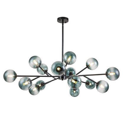 Dimmable Glass Globe Pendant Light 44 in Wide 15-Bulb Branch Fixture Black Gold Frame Azure Blue Orbs for Dining Room Great Room Kitchen Isl