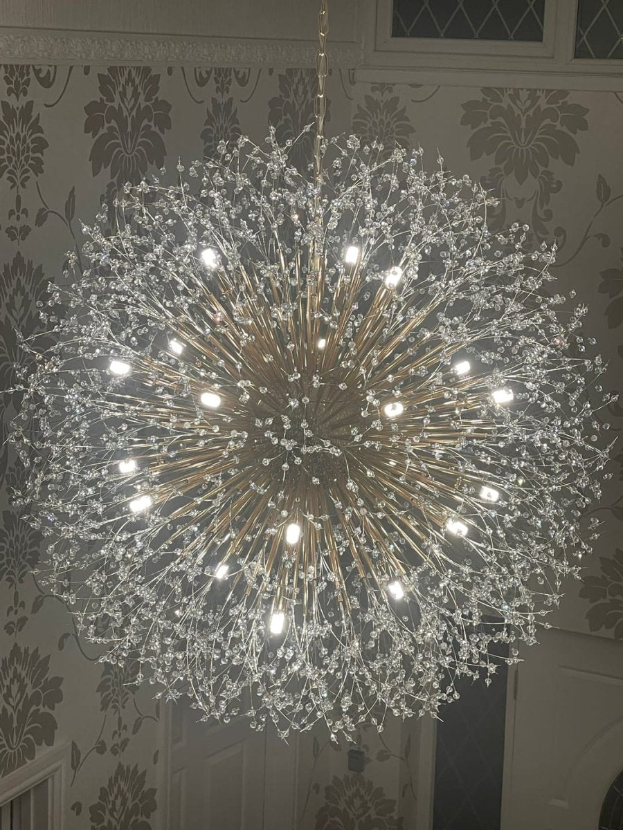 39-Inch Starburst Pendant Fixture 20-Light Acrylic Crystal Metal Frame Dining Room Entryway Brass Chrome Adjustable Chain Ceiling Light G9 L