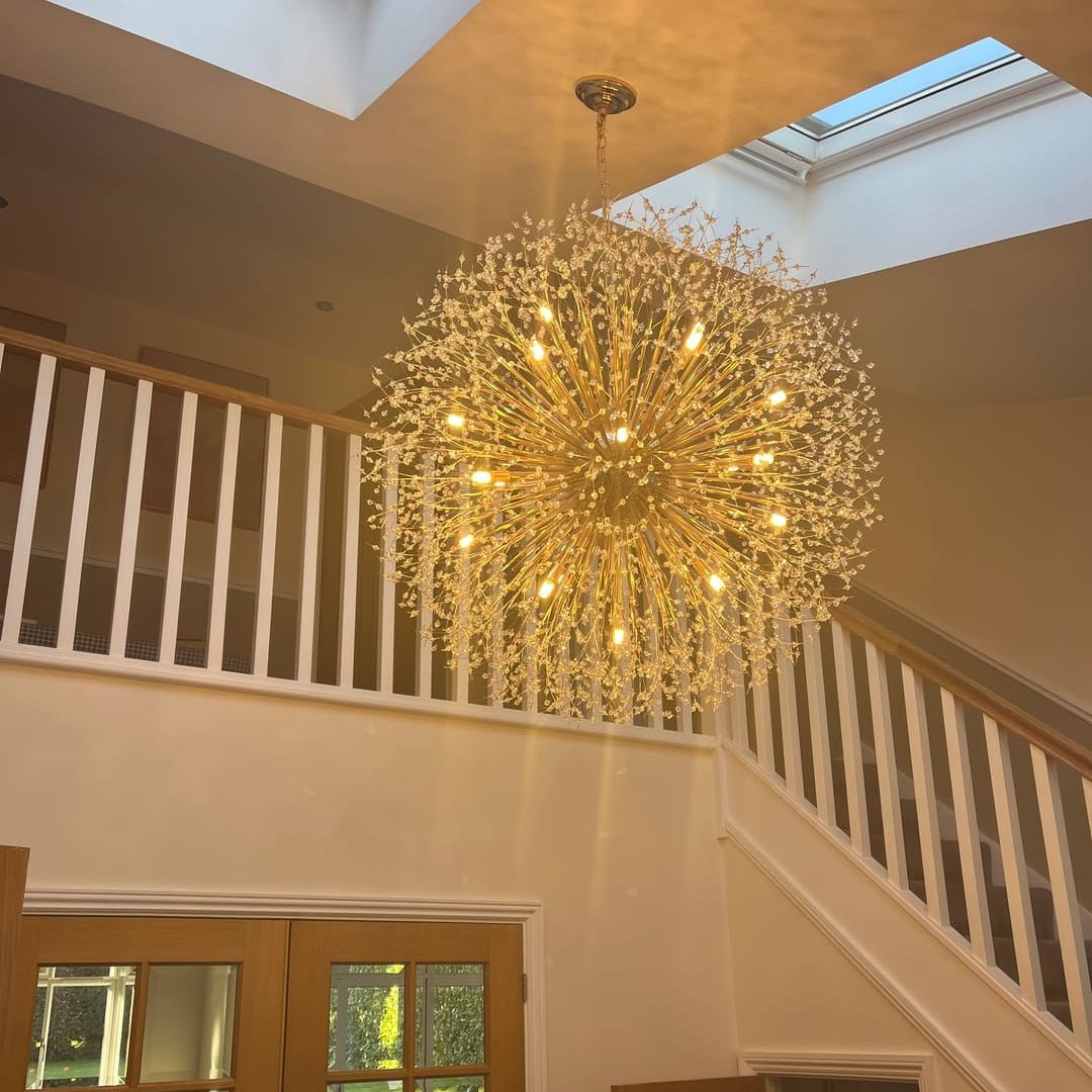 39-Inch Starburst Pendant Fixture 20-Light Acrylic Crystal Metal Frame Dining Room Entryway Brass Chrome Adjustable Chain Ceiling Light G9 L