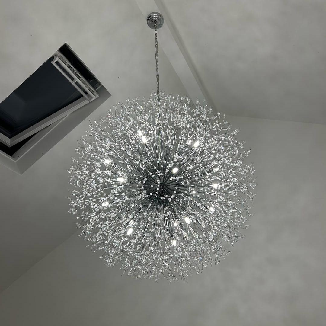 39-Inch Starburst Pendant Fixture 20-Light Acrylic Crystal Metal Frame Dining Room Entryway Brass Chrome Adjustable Chain Ceiling Light G9 L