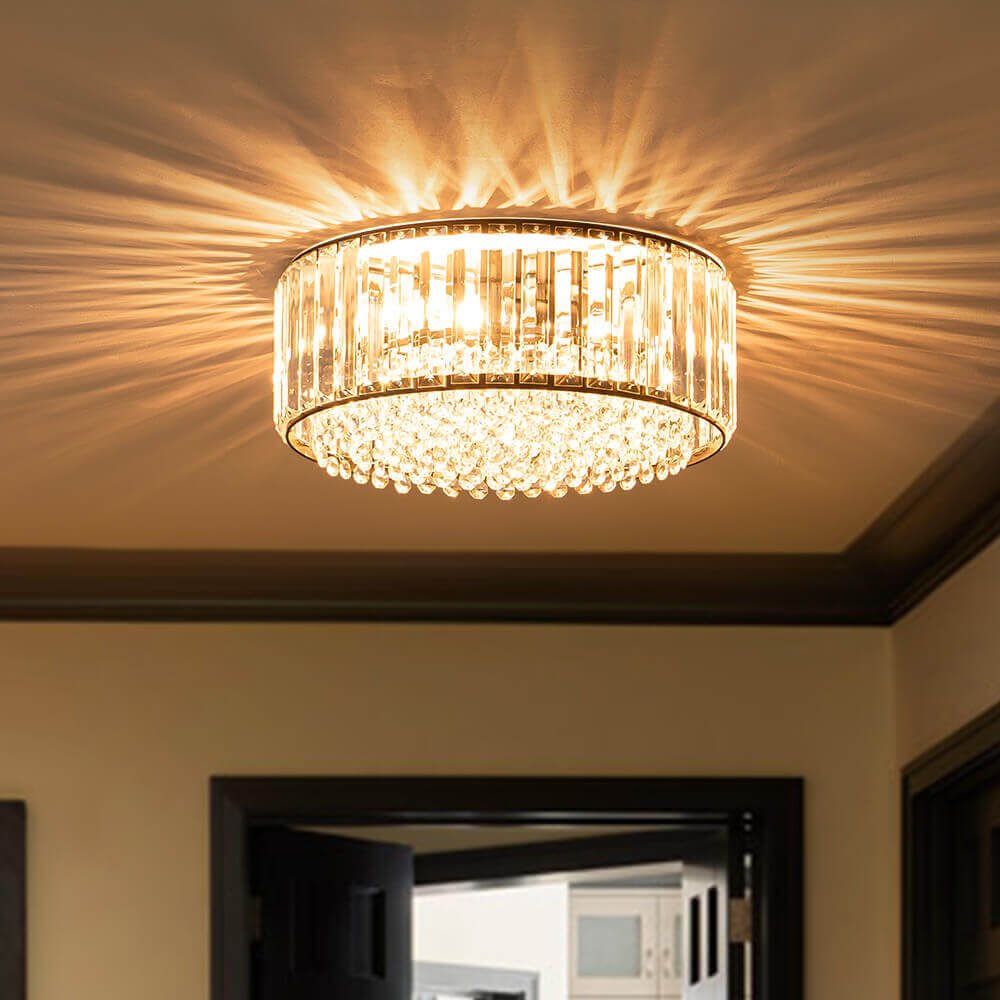 Flush Mount Light Fixture Crystal Accents 3-Bulb Dimmable 14 in Diameter Low Profile for Bedroom Hallway Entry Modern Overhead Lighting Meta