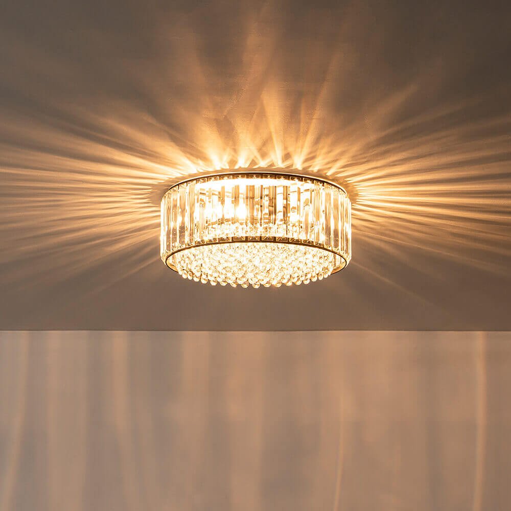 Flush Mount Light Fixture Crystal Accents 3-Bulb Dimmable 14 in Diameter Low Profile for Bedroom Hallway Entry Modern Overhead Lighting Meta