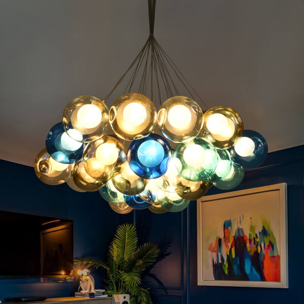 Multicolor Glass Globe Chandelier 20 Inch Cluster Adjustable Height Ceiling Light for Kitchen Dining Room Living Room Statement Lighting Fix