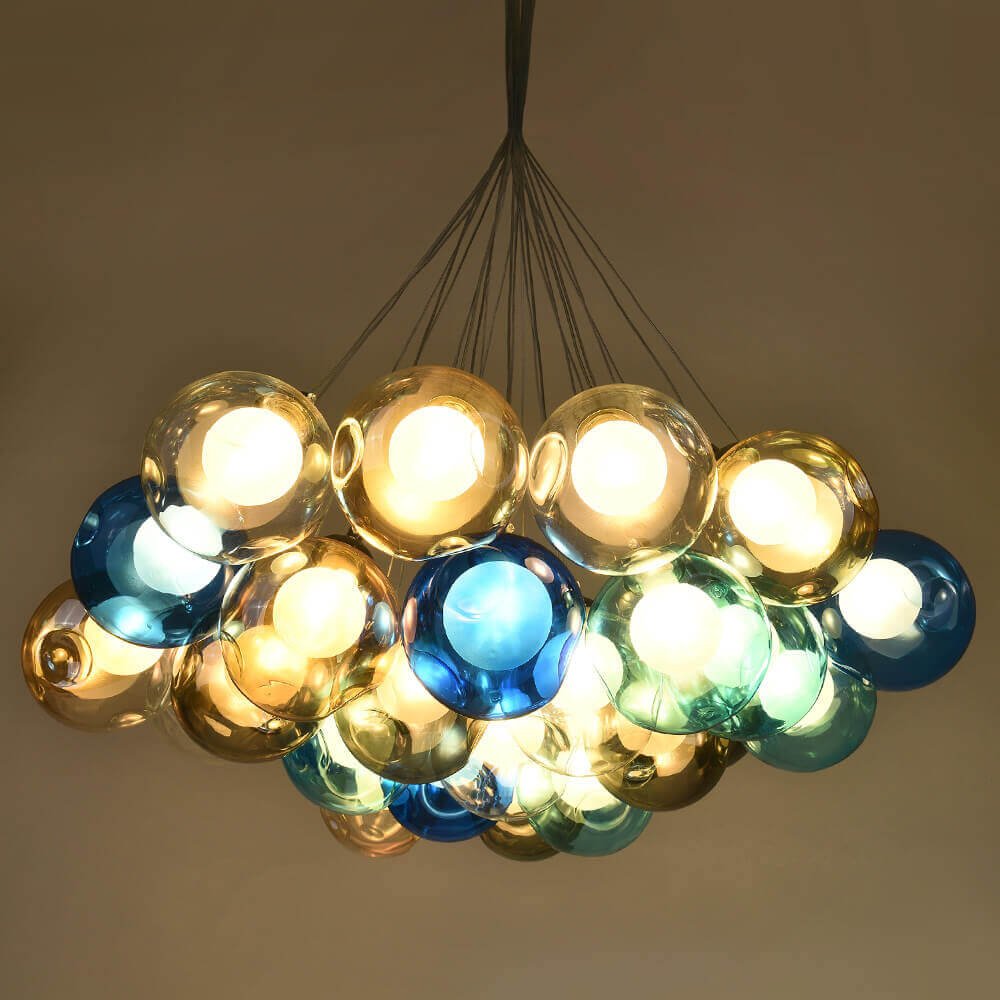 Multicolor Glass Globe Chandelier 20 Inch Cluster Adjustable Height Ceiling Light for Kitchen Dining Room Living Room Statement Lighting Fix