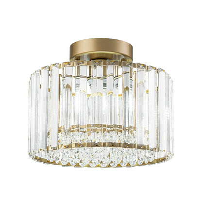 Flush Mount Crystal Fixture with Brass Tone – Dimmable Overhead Light for Entryways, Compact Rooms & Hallways – 10.6 in × 8.3 in Drum Design