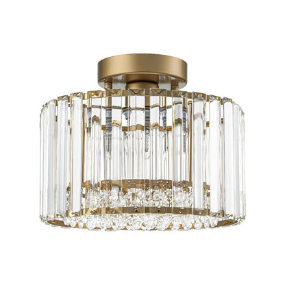 Flush Mount Crystal Fixture with Brass Tone – Dimmable Overhead Light for Entryways, Compact Rooms & Hallways – 10.6 in × 8.3 in Drum Design