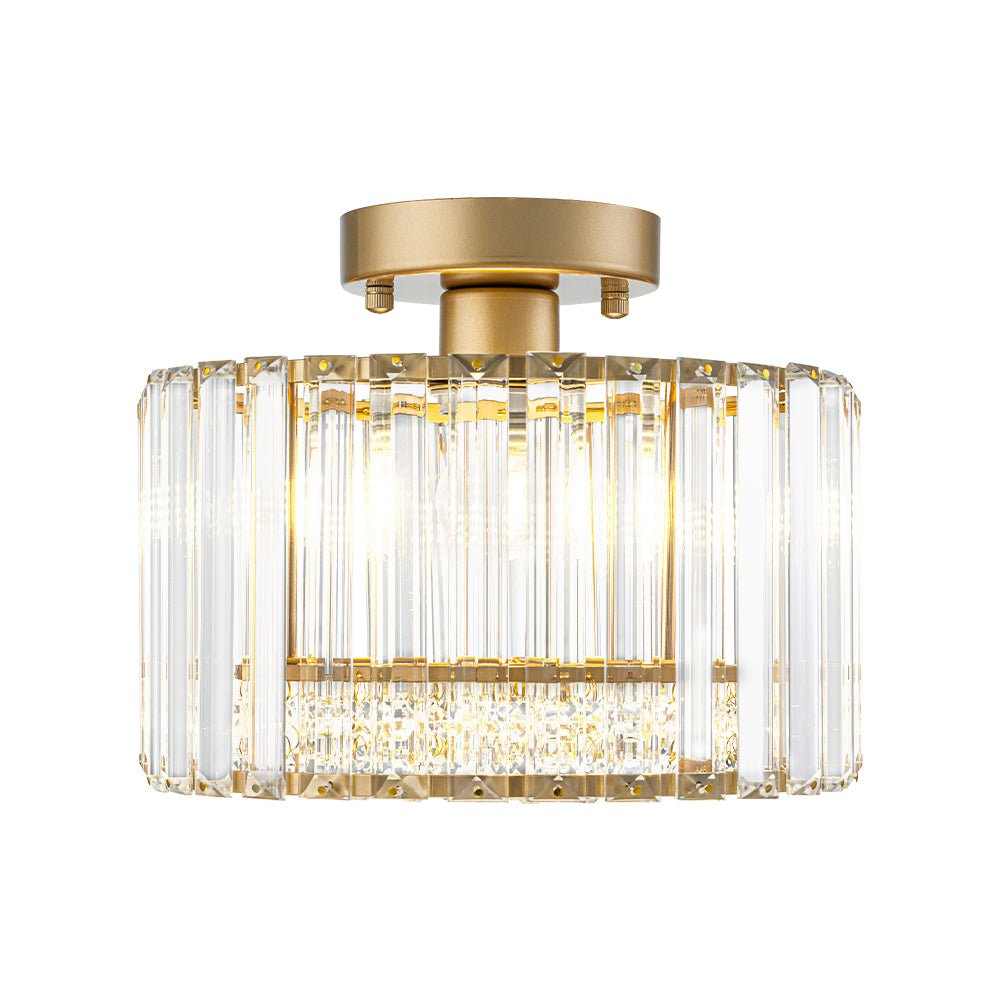 Flush Mount Crystal Fixture with Brass Tone – Dimmable Overhead Light for Entryways, Compact Rooms & Hallways – 10.6 in × 8.3 in Drum Design