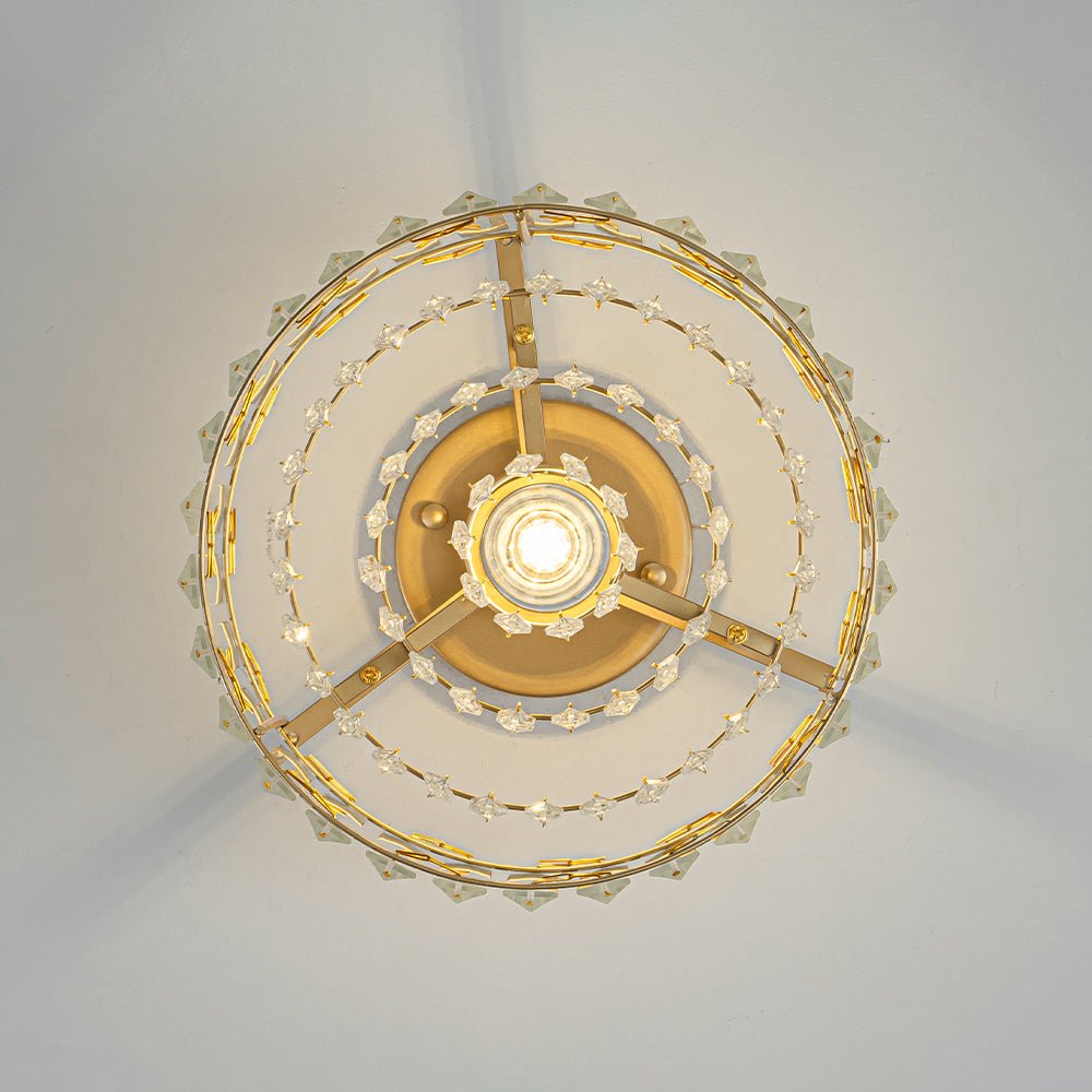 Flush Mount Crystal Fixture with Brass Tone – Dimmable Overhead Light for Entryways, Compact Rooms & Hallways – 10.6 in × 8.3 in Drum Design