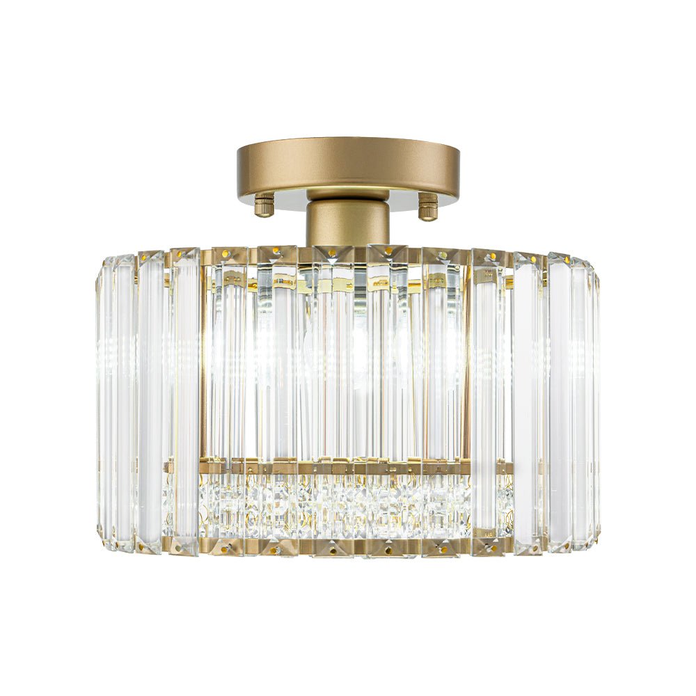 Flush Mount Crystal Fixture with Brass Tone – Dimmable Overhead Light for Entryways, Compact Rooms & Hallways – 10.6 in × 8.3 in Drum Design