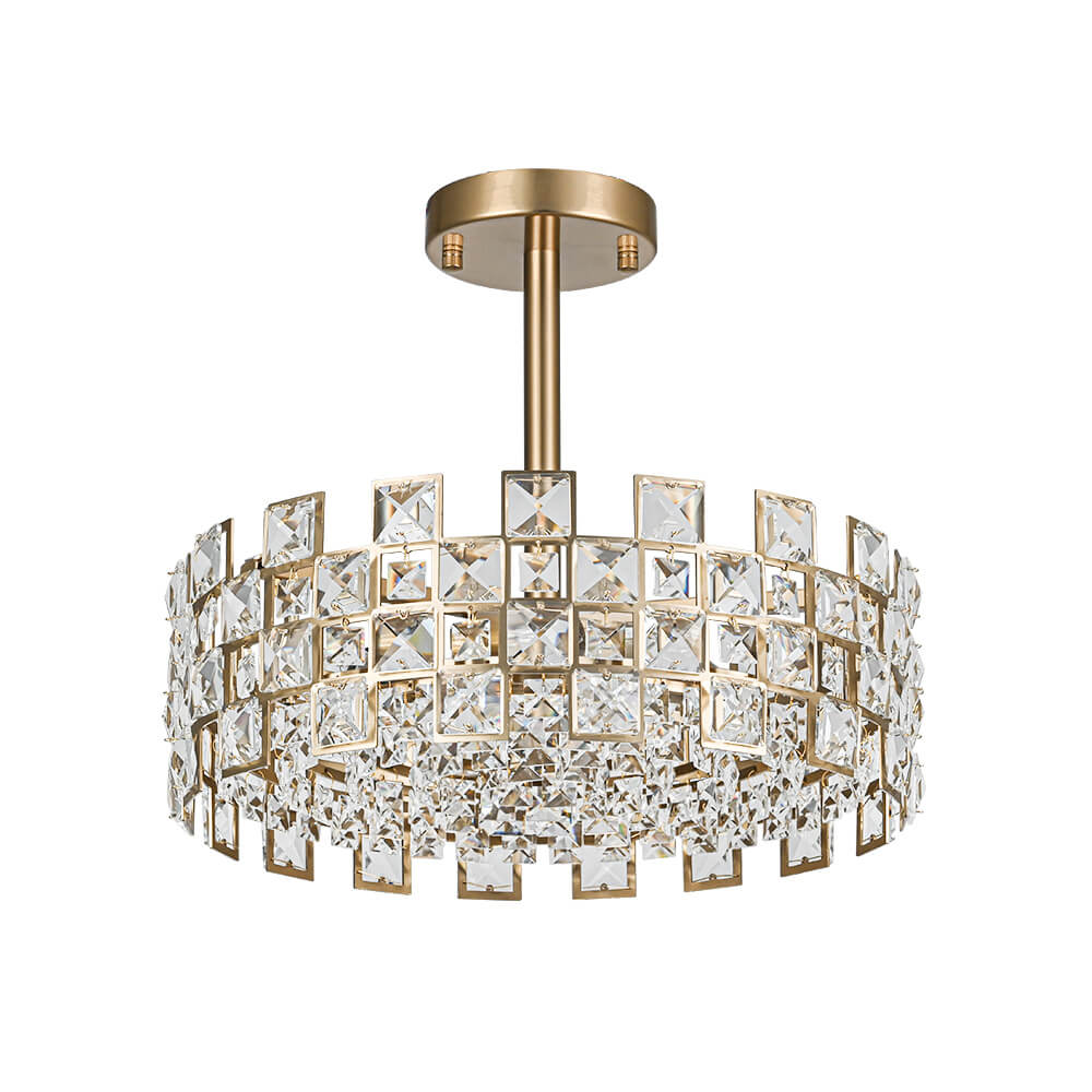 Semi-Flush Crystal Drum Light 15 Inch Dimmable Chrome Brass Metal Glass for Bedroom Living Room Dining Room Hallway Entry Foyer Modern Glam