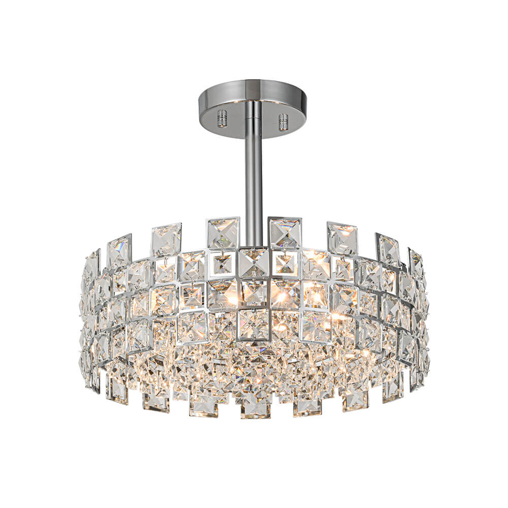 Semi-Flush Crystal Drum Light 15 Inch Dimmable Chrome Brass Metal Glass for Bedroom Living Room Dining Room Hallway Entry Foyer Modern Glam
