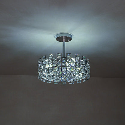 Semi-Flush Crystal Drum Light 15 Inch Dimmable Chrome Brass Metal Glass for Bedroom Living Room Dining Room Hallway Entry Foyer Modern Glam