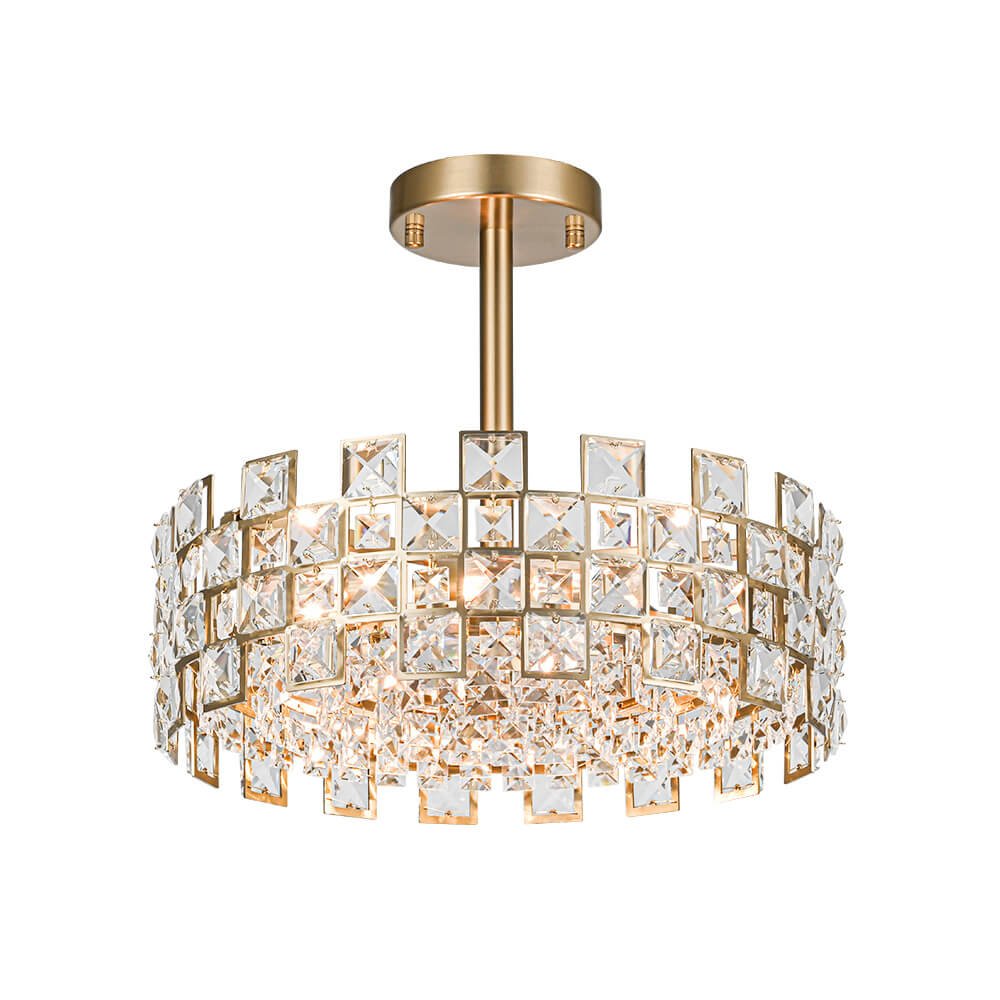 Semi-Flush Crystal Drum Light 15 Inch Dimmable Chrome Brass Metal Glass for Bedroom Living Room Dining Room Hallway Entry Foyer Modern Glam