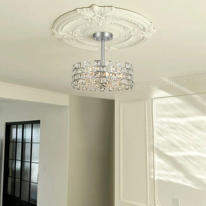 Semi-Flush Crystal Drum Light 15 Inch Dimmable Chrome Brass Metal Glass for Bedroom Living Room Dining Room Hallway Entry Foyer Modern Glam
