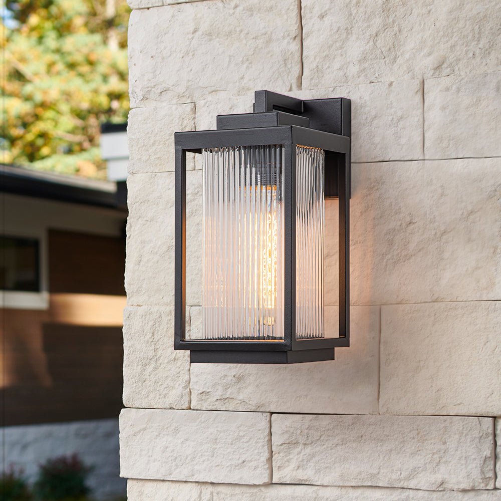 Outdoor Sconce Fixture 13 in Height Black Finish Entry Lighting E27 Socket Weather-Rated Ribbed Glass Panels for Porch Exterior Home Garage
