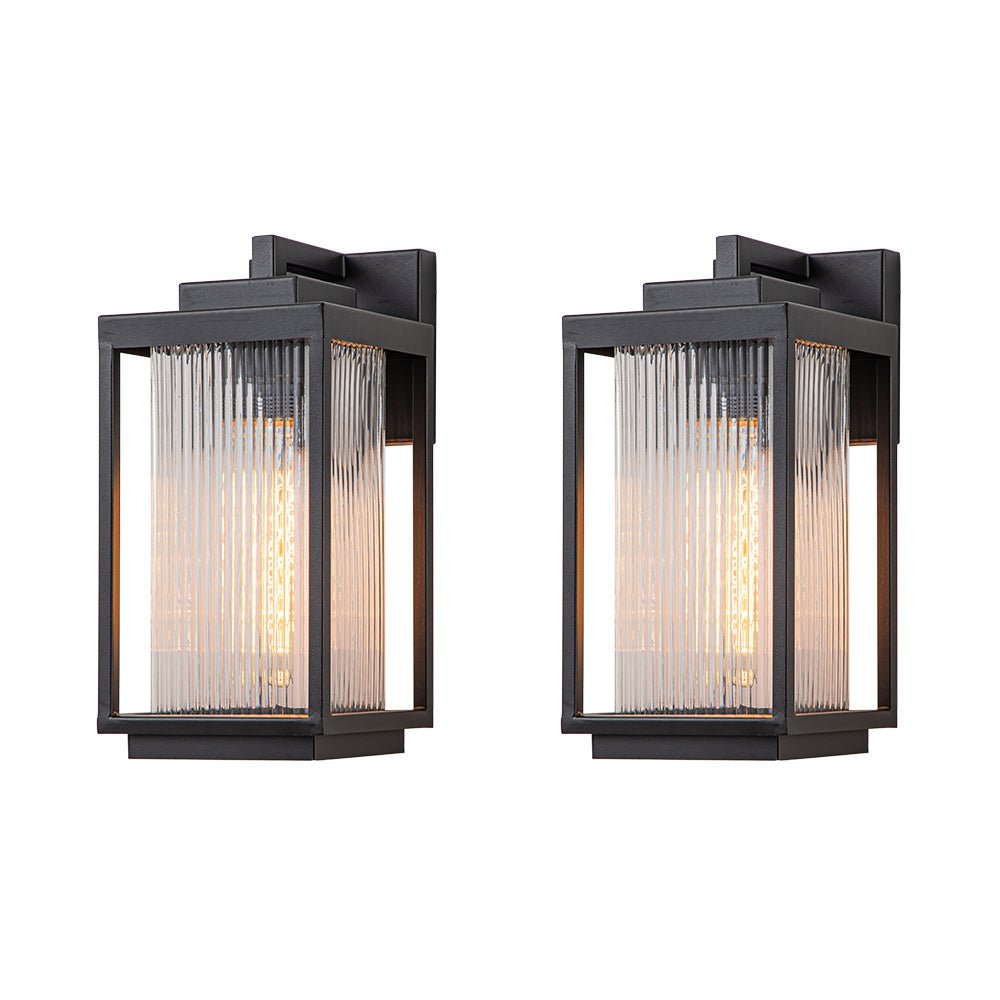 Outdoor Sconce Fixture 13 in Height Black Finish Entry Lighting E27 Socket Weather-Rated Ribbed Glass Panels for Porch Exterior Home Garage