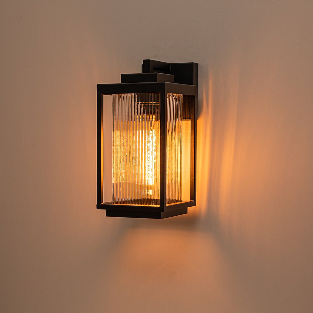 Outdoor Sconce Fixture 13 in Height Black Finish Entry Lighting E27 Socket Weather-Rated Ribbed Glass Panels for Porch Exterior Home Garage