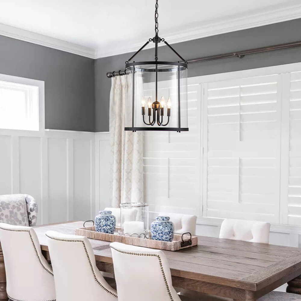 Glass Lantern Pendant Light 18-Inch Cylinder 4-Bulb Fixture Adjustable Chain Dining Table Kitchen Island Foyer Hanging Lamp E14 Socket Dimma